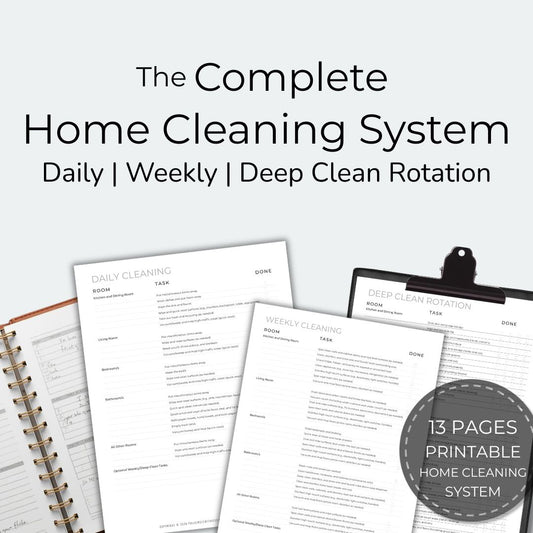 Home cleaning system planner with daily, weekly, and deep clean rotation on a white background