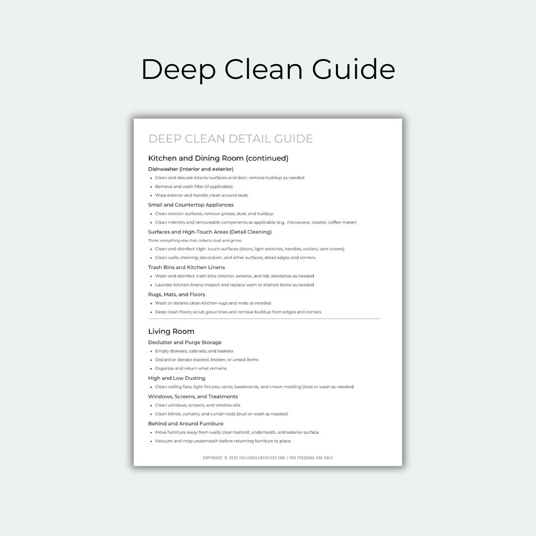 Sheet of paper titled 'Deep Clean Guide' on a white background