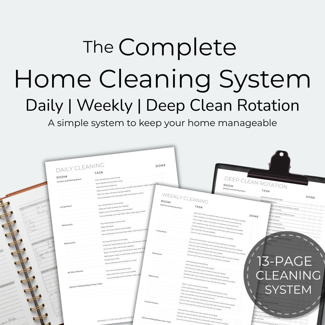 Home cleaning system planner with daily, weekly, and deep clean rotation on a white background
