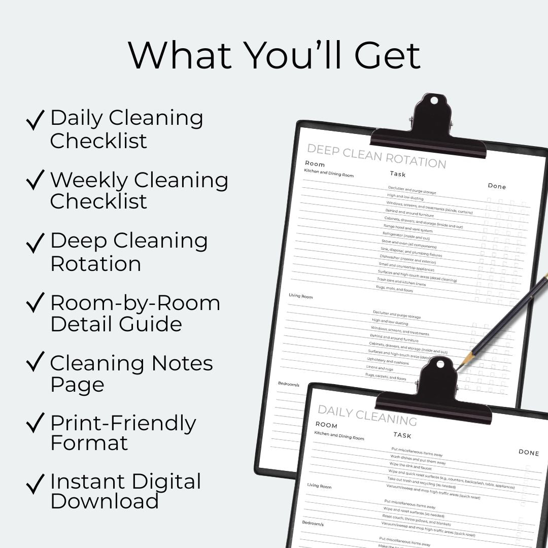 Cleaning checklists on a clipboard with text listing included items.