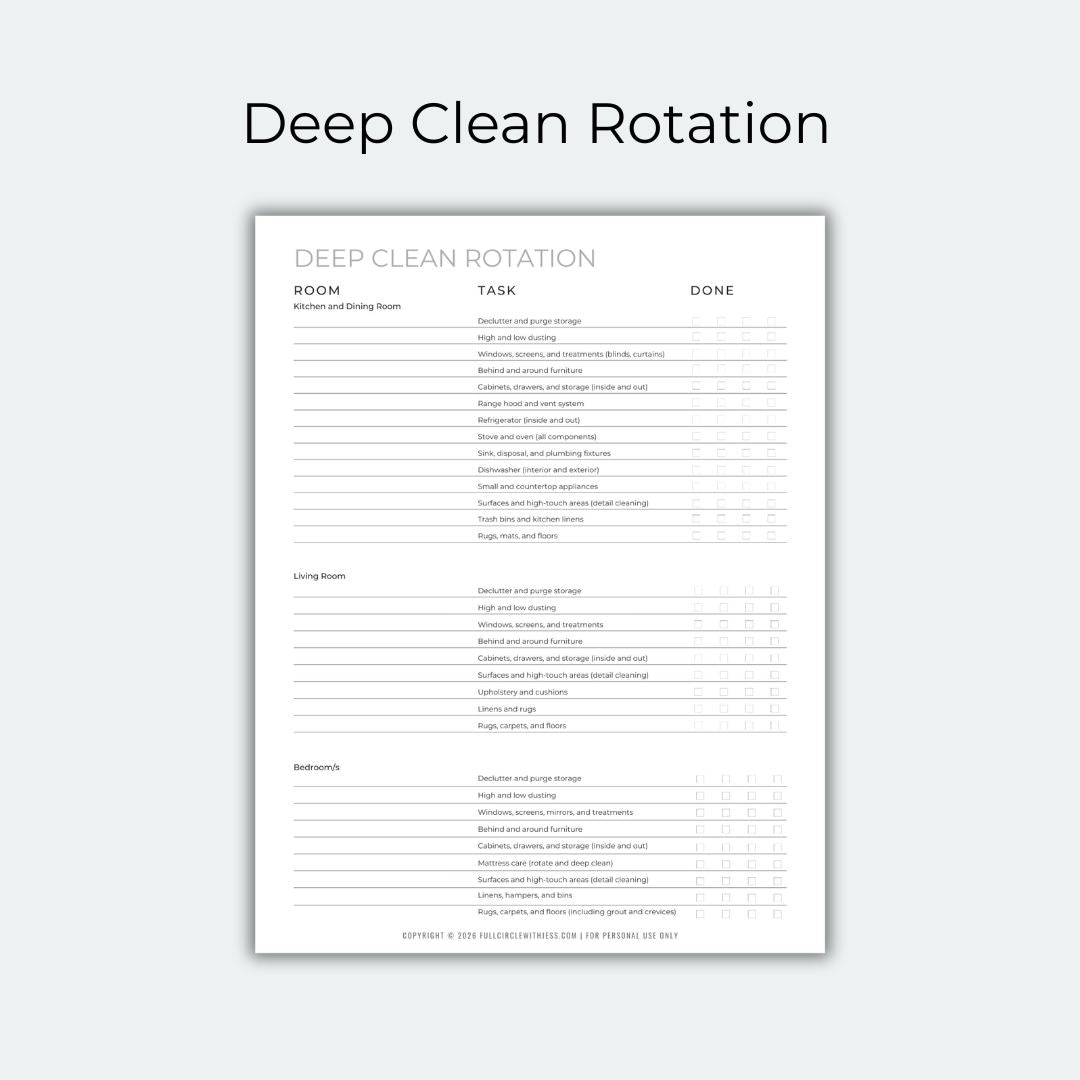 Sheet with deep clean rotation tasks on a white background