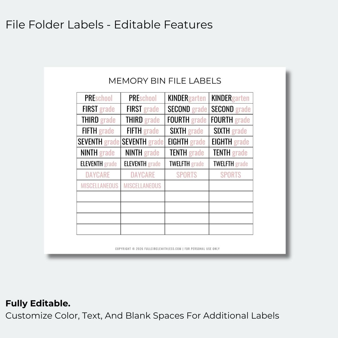 School Memory Bin Label System (Editable Template)